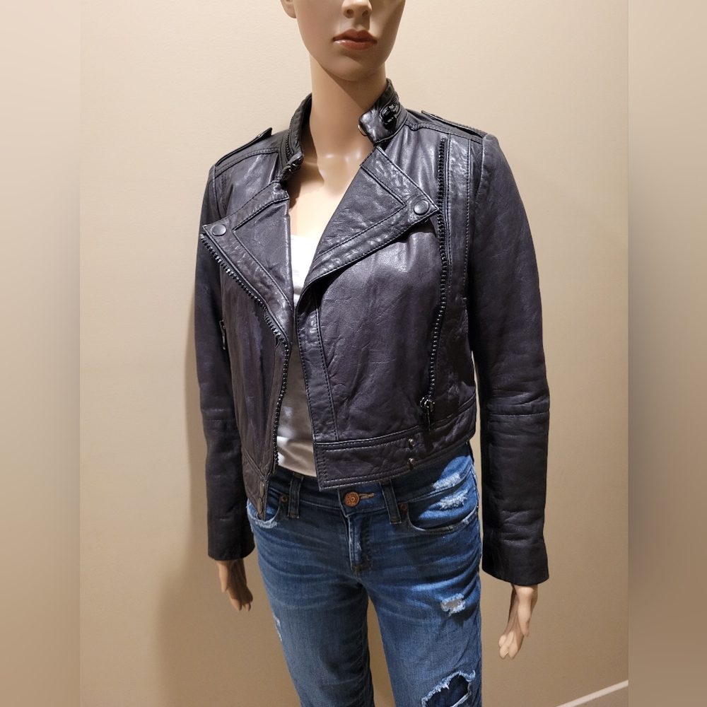 MANGO Cropped Black Leather Jacket
